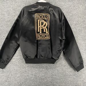 Vintage Diamond Dust Bomber Jacket Mens L Black Satin Gold Rolls Royce Logo Back